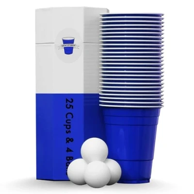 Afbeelding van RedCupShop® Bekerset, 25 blauwe cups en 4 ballen, vaatwasmachinebestendig herbruikbaar, 473 ml, partybekers