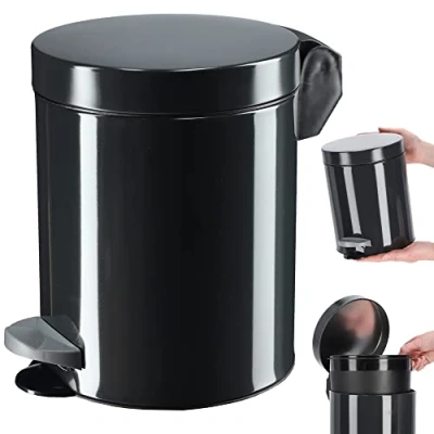 Afbeelding van KADAX Pedaalemmer, vuilnisemmer met inhoud, stalen cosmetica emmer, ronde afvalemmer, elegante emmer voor badkamer en keuken, pedaalemmer schommeldeksel, 5 l, antraciet