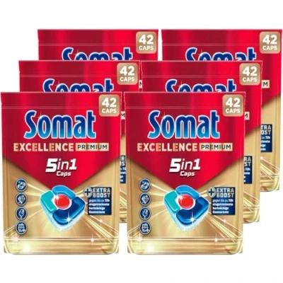 Afbeelding van Somat Excellence Premium 5 in 1 Caps, 252 doppen (6 x 42 dops), snel resolutie vaatwassertabs met extra boost, Caps verwijderen zelfs 72 uur ingedroogde, hardnekkige etensresten