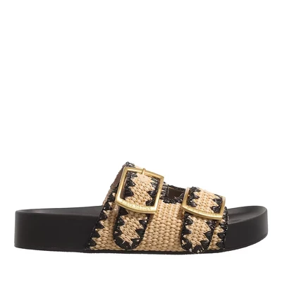 Afbeelding van Steve Madden dames On Deck slipper van raffia met gespdetail in de kleur Beige, maat: 38