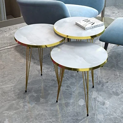 Afbeelding van [en.casa] Bijzettafel Skibby set van 3 rond marmer wit en goudkleurig