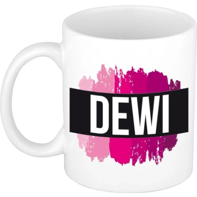 Afbeelding van Dewi Naam / voornaam kado beker mok roze verfstrepen Gepersonaliseerde met mokken