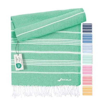 Afbeelding van Fit Flip Hamamdoek Strandhanddoek XXL van 100% gerecycled katoen sneldrogend strandlaken, fouta, pestemal Turkse handdoek ideaal als hamam saunahanddoek en sarong Groen 200x200cm Sultan
