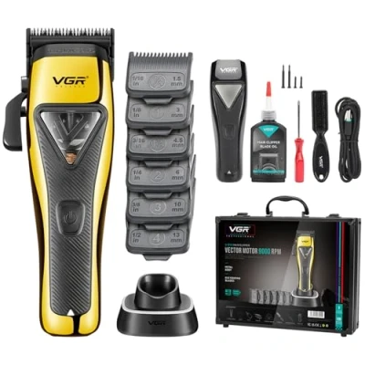 Afbeelding van VGR 015 Professionele Draadloze Tondeuse voor Mannen, 9000 RPM Vector Motor, DLC Mes, met Metalen Behuizing, 1 Zwarte Modulaire Deksel en Reisetui