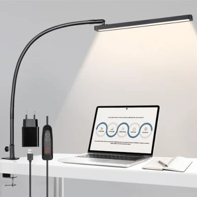 Afbeelding van BIENSER Bureaulamp LED Klembaar, 14W Zwanenhals Klemlamp, 1100LM Architect Lamp Werklamp 5 Kleuren x 10 Helderheidsniveaus Oogvriendelijke Dimbaar Kantoor Tafellamp, Zwart