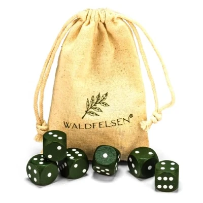 Afbeelding van Waldfelsen 6, 12, 20, 30 of 50 hoogwaardige houten kubussen van echt beukenhout, 16 mm standaard dobbelstenen met stoffen zak, kubusset (mosgroen, 6 stuks)
