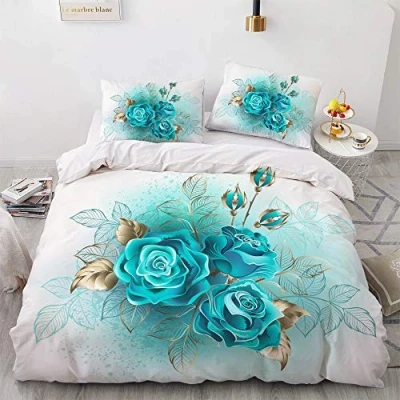 Afbeelding van Luowei Beddengoed Rozen 200 x cm Turquoise Bloemenkussen Dekbedovertrek Romantisch Bloemen Microvezel met Ritssluiting en 2 Kussenslopen 80