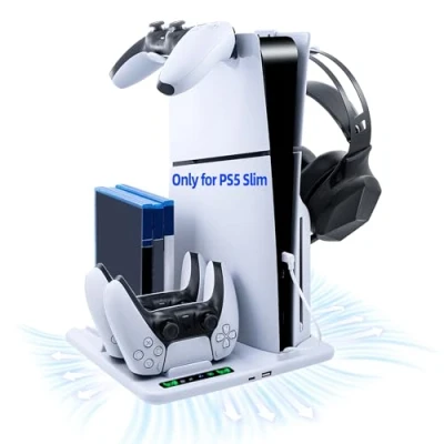 Afbeelding van Tolesum Koeler voor PS5 Slim standaard, standaard met 3 standen ventilator accessoires, oplaadstandaard dubbele controller headset haak en 6 spelopslag Playstation 5