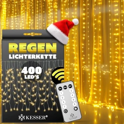 Afbeelding van KESSER® lichtgordijn, 400 leds, lichtketting met afstandsbediening, 8 lichteffecten, timer en dimfunctie, voor binnen buiten, ijsregenverlichting, warm wit