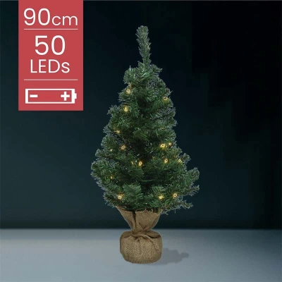 Afbeelding van Kunstkerstboom met jute zak op batterijen 50 micro LED lampjes 90CM