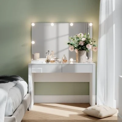 Afbeelding van Vicco AnnabelleKaptafel 110 cm met spiegel en lampen Wit hoogglans/wit