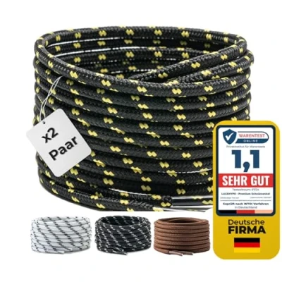 Afbeelding van LaceHype 2 paar premium ronde veters, diameter 4,5 mm, voor werkschoenen, laarzen, outdoorschoenen en sportschoenen, scheurbestendige schoenveters, vervangende schoenveters van polyester, zwart/geel, 150 cm