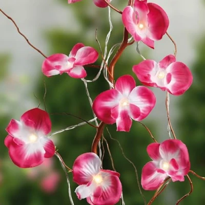 Afbeelding van hellum led lichtsnoer voor binnen met roze orchideeën, 10 leds, warm wit 1,35 m lengte, lichtketting batterij, bloemen, decoratie 300178