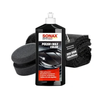 Afbeelding van Sonax Polish &amp; Wax Color Polijstset, zwart, 500 ml autopolitoer + polijstspons polijstdoek, polijstpasta voor kleurrijke en metallic lak het verwijderen van kleine krassen, polijstset