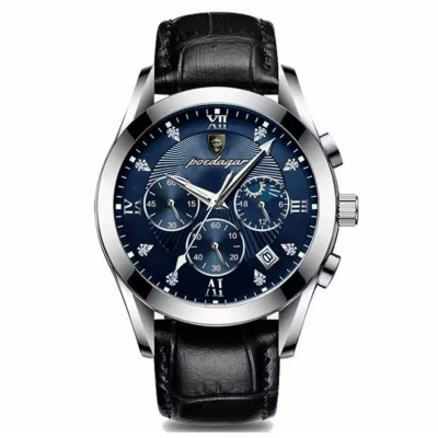 Afbeelding van Poedagar HerenHorloge Zilver met Blauw (Lederen Band)