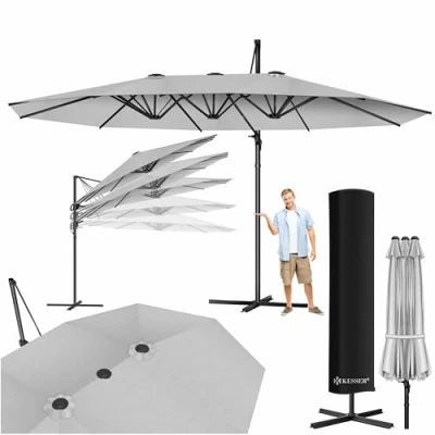 Afbeelding van KESSER® Parasol, 4,6 m x 2,7 m, dak en voorruit, met handvat houder, aluminium, waterafstotend, kantelbaar, 360 graden verstelbaar, Lichtgrijs, Senza LED