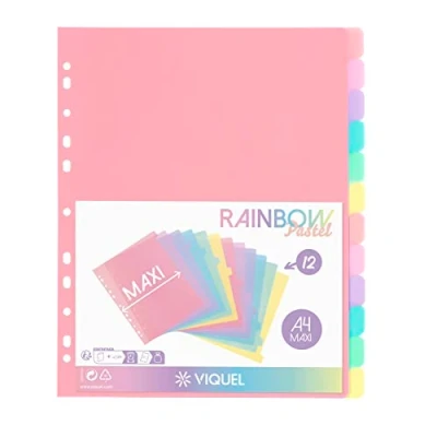 Afbeelding van Viquel Set van 12 tabbladen kunststof Rainbow Pastel Maxi formaat (24,5 x 30,5 cm) Voor A4 ordners of pastelkleuren
