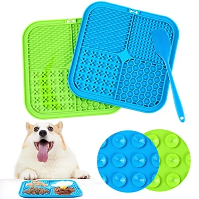 Afbeelding van Romon hondenlikmat met siliconen spatel, 2 stuks, 20 x cm, zuignap, 4 vormen, gladde mat katten, BPA vrij, voor hondenbaden, training, verzorging (blauw + groen)