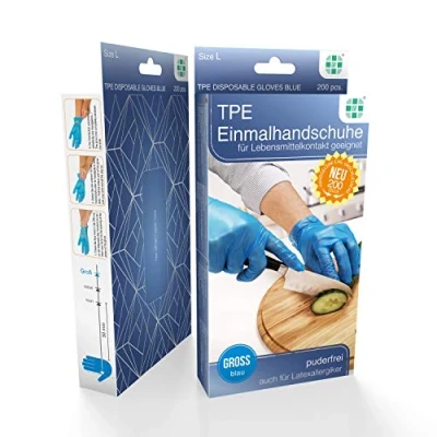 Afbeelding van Doos met 200 TPE wegwerphandschoenen, poedervrij, maat L, blauw