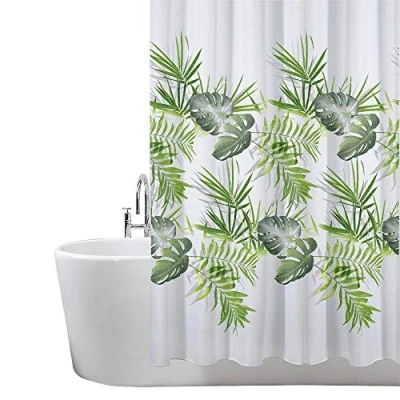Afbeelding van ANSIO Douchegordijn voor badkamer schimmel en schimmelbestendig bladpatroon palmgroen, 180 x cm waterafstotende stof 100% polyester