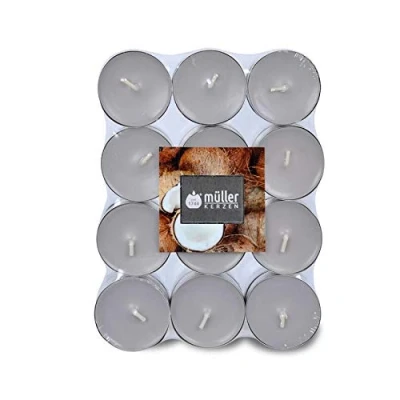 Afbeelding van Müller Tealights Geurkaarsen Kokosnoot Eiland Geur 39 x 15 mm 4 Uur Brandtijd Grijs Wax Theelichtjes Pak van 24 Stuks
