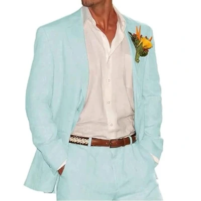 Afbeelding van Heren Slim Fit Notch Revers Linnen 3 delig Zakelijk Pak Bruiloft Groomsmen Smoking, Hemelsblauw, 56