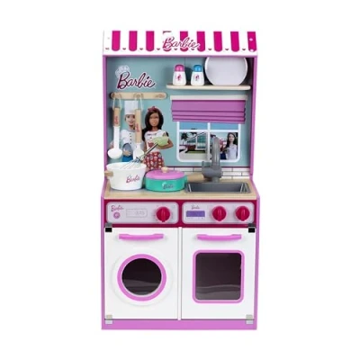Afbeelding van Klein Toys Barbie kinderkeuken en poppenhuis in 1 45x40x85 cm hout (MDF) incl. oven, fornuis, wasmachine, gootsteen bijpassend kookgerei multicolor