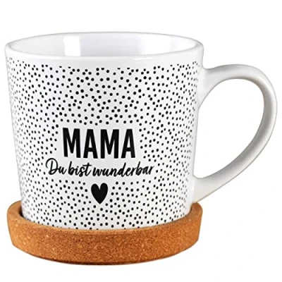 Afbeelding van Papierdrachen Verjaardagscadeau voor Mama mok van keramiek met bijpassende kurk onderzetter tafeldecoratie koffietafel koffiemok du bist wunder zum Moederdag