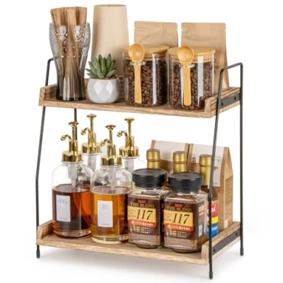 Afbeelding van ANBOXIT Koffie organizer, koffiebar accessoire en hout, koffieopbergmeubel voor koffiehoek, werkbladen, kruidenrek, 2 verdiepingen, koffiecaddy keuken, thuis, kantoor, bruin