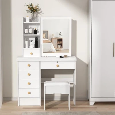 Afbeelding van loyliawa kaptafel met spiegel en kruk, schuifspiegel, voor slaapkamer, make uptafel 6 laden, open planken, verborgen opbergruimte wit