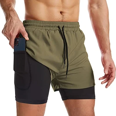 Afbeelding van Danfiki Sportshorts 2 in 1 voor mannen, ademend, met zakken, sneldrogende sportbroek zak, sportlegging, Base Layer Stretch, Groen, L
