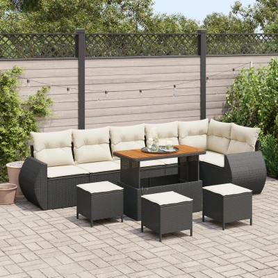 Afbeelding van vidaXL 10 delige tuinsofa set met kussens zwart poly rattan acacia, 4 tuin eetset acacia