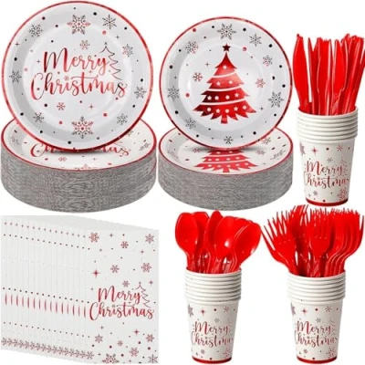 Afbeelding van KAHEIGN 175 stuks kerstpapier feestservies set, 25 x dinerborden en saladeborden, 270 ml kopjes, servetten, herbruikbaar mes vork lepel voor vakantie kerstfeest decoratie