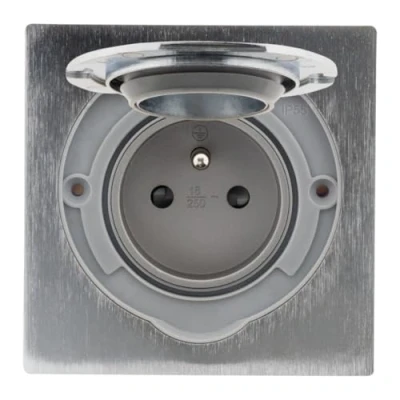 Afbeelding van Vloercontactdoos 16A 2P+T geborsteld aluminium afwerking IP55 met installatiedoos