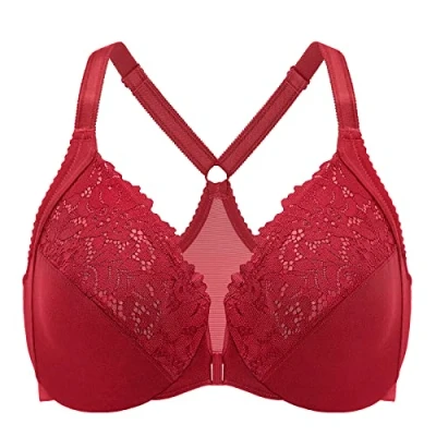 Afbeelding van DELIMIRA Vrouwen Plus Size Volledige Dekking Kanten Beugel Racerback BH met Voorsluiting Donkerrood 100D