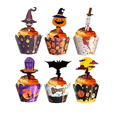 Afbeelding van 48 stuks Halloween cupcake wrappers en decoraties,Geest Pompoen Vleermuis decoratie,Halloween papieren decoraties