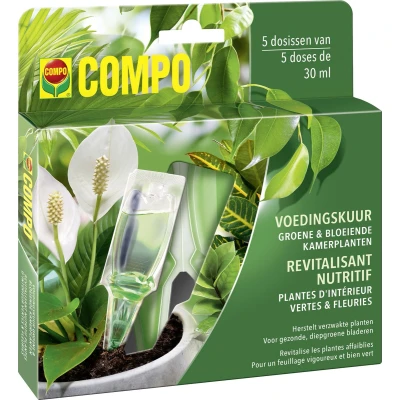 Afbeelding van COMPO Voedingskuur Groene &amp; Bloeiende Kamerplanten voedt en herstelt verzwakte planten gebruiksklare dosissen doosje 5 x 30 ml