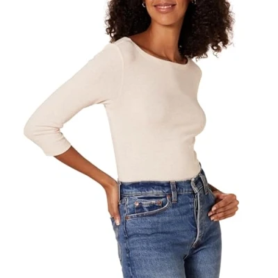 Afbeelding van Amazon Essentials Dames slim fit 3/4 mouw effen boothals T shirt, havermout heather, XX Large
