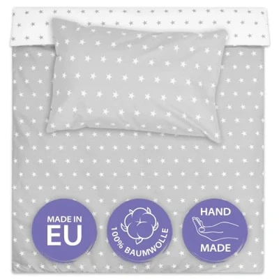 Afbeelding van Beddengoedset voor baby&#039;s/peuters: dekbedovertrek: 90 x 120 cm; kussensloop 60 40 gemaakt van katoen; wit met grijze sterren