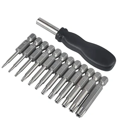 Afbeelding van 12 Pack Torx Head Schroevendraaier Bit Set, YuCool 1/4 &quot;Hex Shank T5 T40 S2 Staal Beveiliging Sabotage Proof Star 6 Point Tool Kit met 1 Handvat