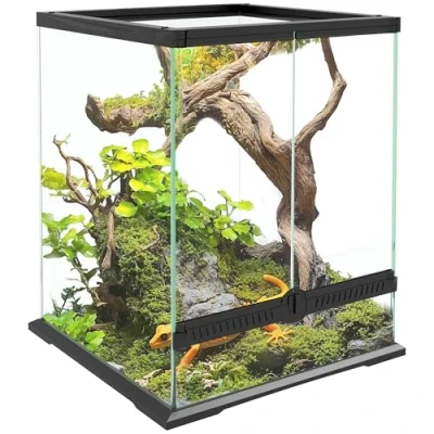 Afbeelding van PawHut terrarium voor reptielen, voederbox met anti vluchtdesign, ventilatie, glazen van 120 liter, kabelmanagement, amfibieën, spin, metaal, zwart, 45 x 60 cm