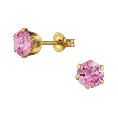 Afbeelding van JoyS Zilveren 6 mm oorknoppen rond zirkonia roze 14k goudplating