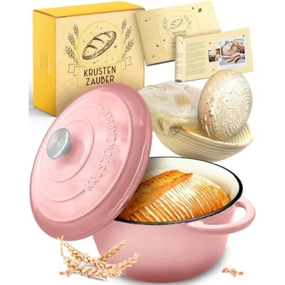 Afbeelding van KRUSTENZAUBER gietijzeren pan brood bakken geëmailleerd incl. gistmand 26 cm emaille pot met accessoires ideaal als broodbakpan, broodbakvorm deksel, pan, broodbakken, stoofpan