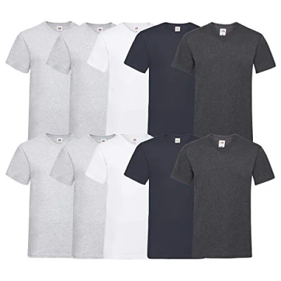 Afbeelding van Fruit of the Loom T shirt, met V hals, in verschillende maten en kleuren, 10 stuks, 4 grijs, 2 wit, blauw (marineblauw), grijs (heather), XL