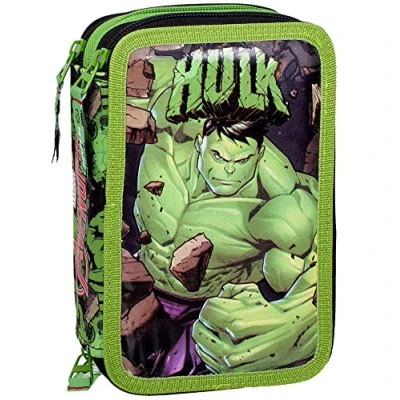 Afbeelding van Clondo Pennenetui met drie vakken, gevuld, 44 schoolaccessoires, 3 ritssluitingen, 20 cm, Hulk, pennenhouder