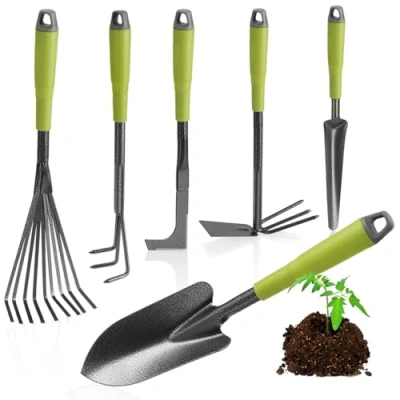 Afbeelding van COM FOUR® 6 delige tuingereedschapset tuinset met dubbele schoffel, kleine cultivator, voegenschraper, handhark, bloemenschepje tuingereedschap voor planten en tuinieren (6 tuinset)