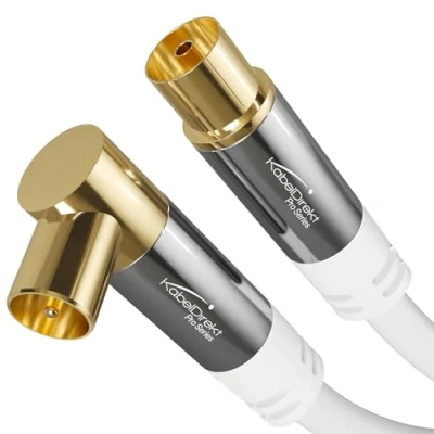 Afbeelding van KabelDirekt 4K antennekabel &amp; tv kabel recht/90 gebogen 7,5 m televisiekabel met metalen stekker voor digitaal en analoog kijken (wit, rechte connector naar haakse DVB C/DVB S)