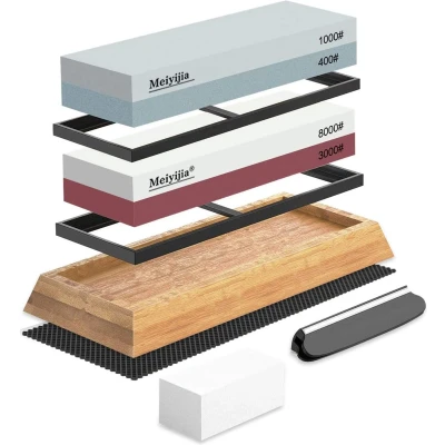 Afbeelding van Slijpsteenset, 2 in 1 slijpsteen voor meten, correl 3000/8000 + 400/1000 met antislip siliconen behuizing, vrij afvlakkende steen