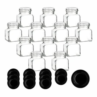 Afbeelding van gouveo Set van 12 inmaakpotten, 120 ml, vierkant, met schroefdeksel, zwart, kleine voorraadpotten draaisluiting, lege jampotten, bewaarpotten
