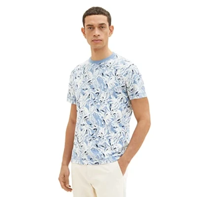 Afbeelding van TOM TAILOR Uomini T shirt 1035629, 31274 Blue Offwhite Big Leaf Design, XXL